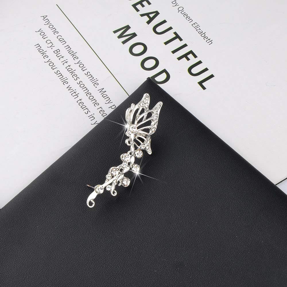2PCS Ear Cuff Crawler Earrings for Women, Crystal Butterfly Elven Ear Cuffs Hypoallergenic Piercing Ear Cuff Earrings