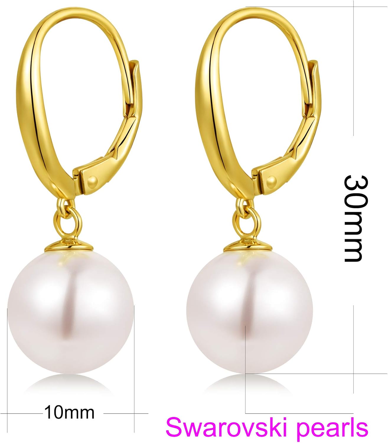 925 Sterling Silver Pearl Dangle Earrings for Women, Cubic Zirconia Pearl Earrings, 8MM-10MM
