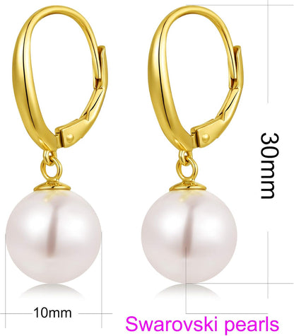 925 Sterling Silver Pearl Dangle Earrings for Women, Cubic Zirconia Pearl Earrings, 8MM-10MM