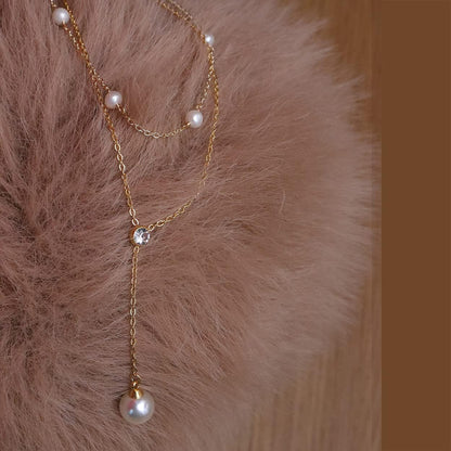 Gold Pearl Rhinestone Layered Necklaces for Women Dainty Long Drop Rhinestone Zirconia Faux Diamond Y Necklace Everyday Jewelry Gifts