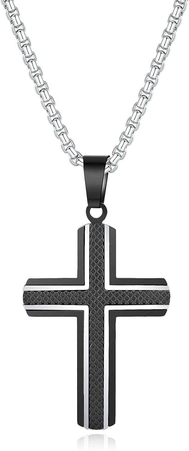 Men'S Stainless Steel Cross Necklace,Two-Tone Black & Blue Carbon Fiber Pendant - Included Gift Box