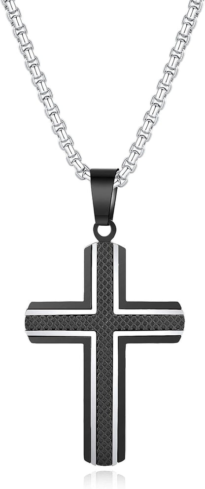 Men'S Stainless Steel Cross Necklace,Two-Tone Black & Blue Carbon Fiber Pendant - Included Gift Box