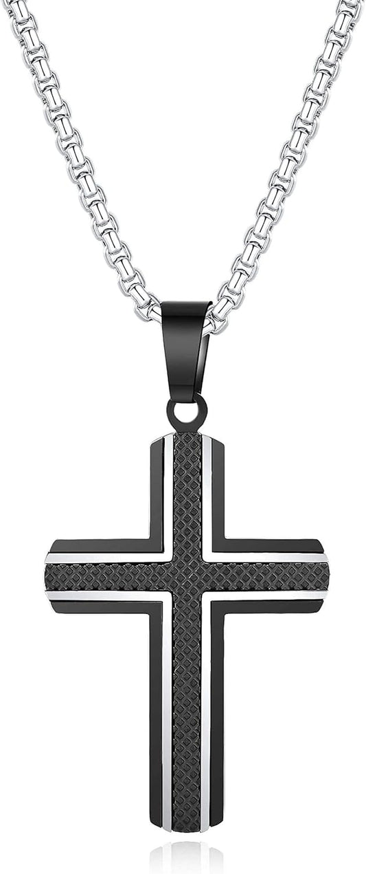 Men'S Stainless Steel Cross Necklace,Two-Tone Black & Blue Carbon Fiber Pendant - Included Gift Box