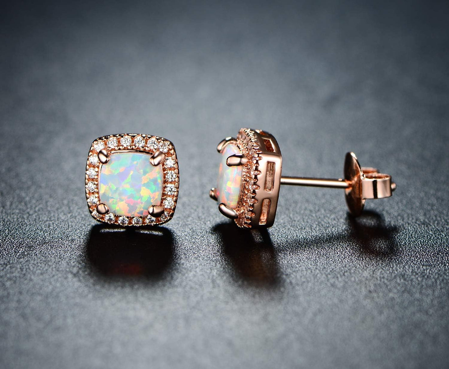 White Gold Plated Created White Opal Stud Earrings for Women - Made in Brazil