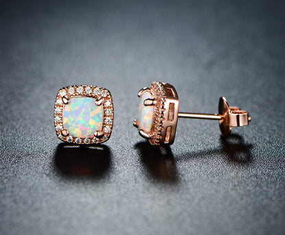 White Gold Plated Created White Opal Stud Earrings for Women - Made in Brazil
