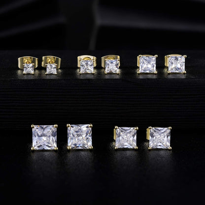 5 Pairs 14K Yellow Gold Plated Princess Cut Clear Cubic Zirconia Stud Earring Set for Women Men