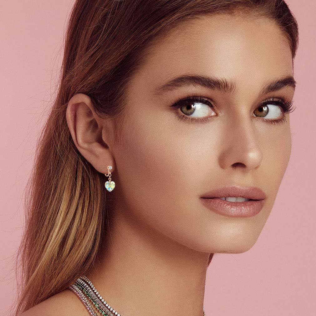 Austrian Crystal Heart Drop Clip on Dangle Earrings for Women Non Pierced 14K Rose Gold Plated Hypoallergenic Jewelry