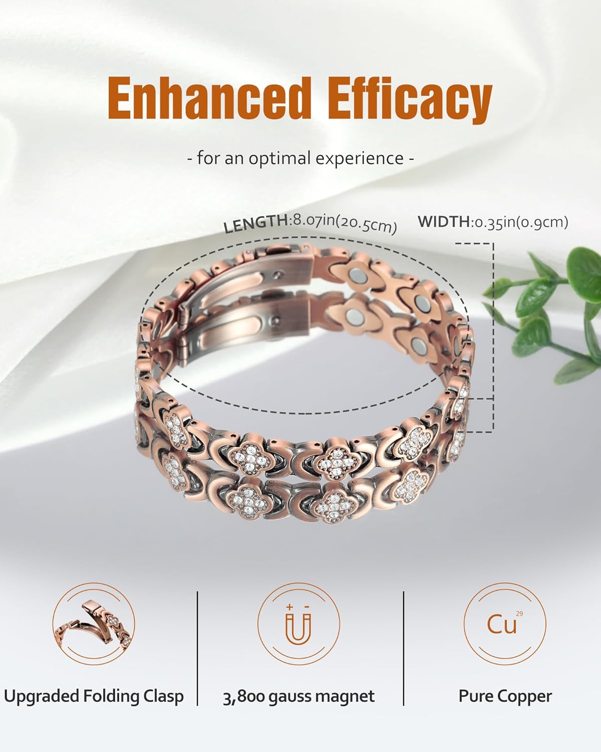 Pure Copper Bracelet for Women, Ultra Strength Magnetic Therapy Bracelets with 3800 Gauss Magnets，Four-Leaf Clover Jewelry