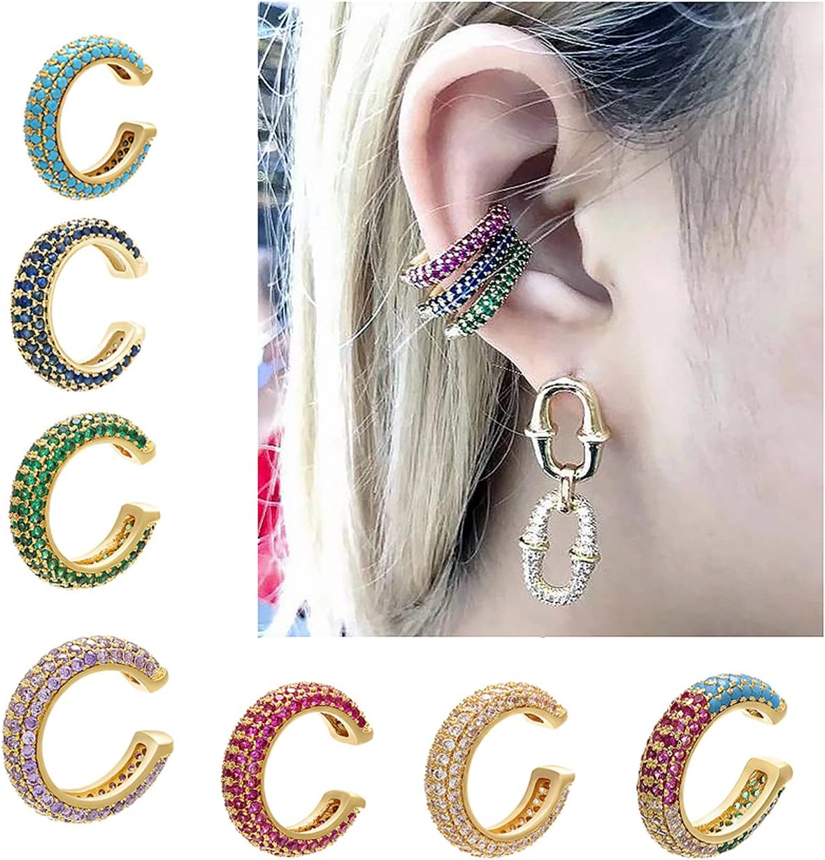 Ear Cuffs for Women - CZ Paved Hoop Conch Cuff Earrings for Men - Sparkle Rhinestones Clip on Wrap Earrings Non Pierced