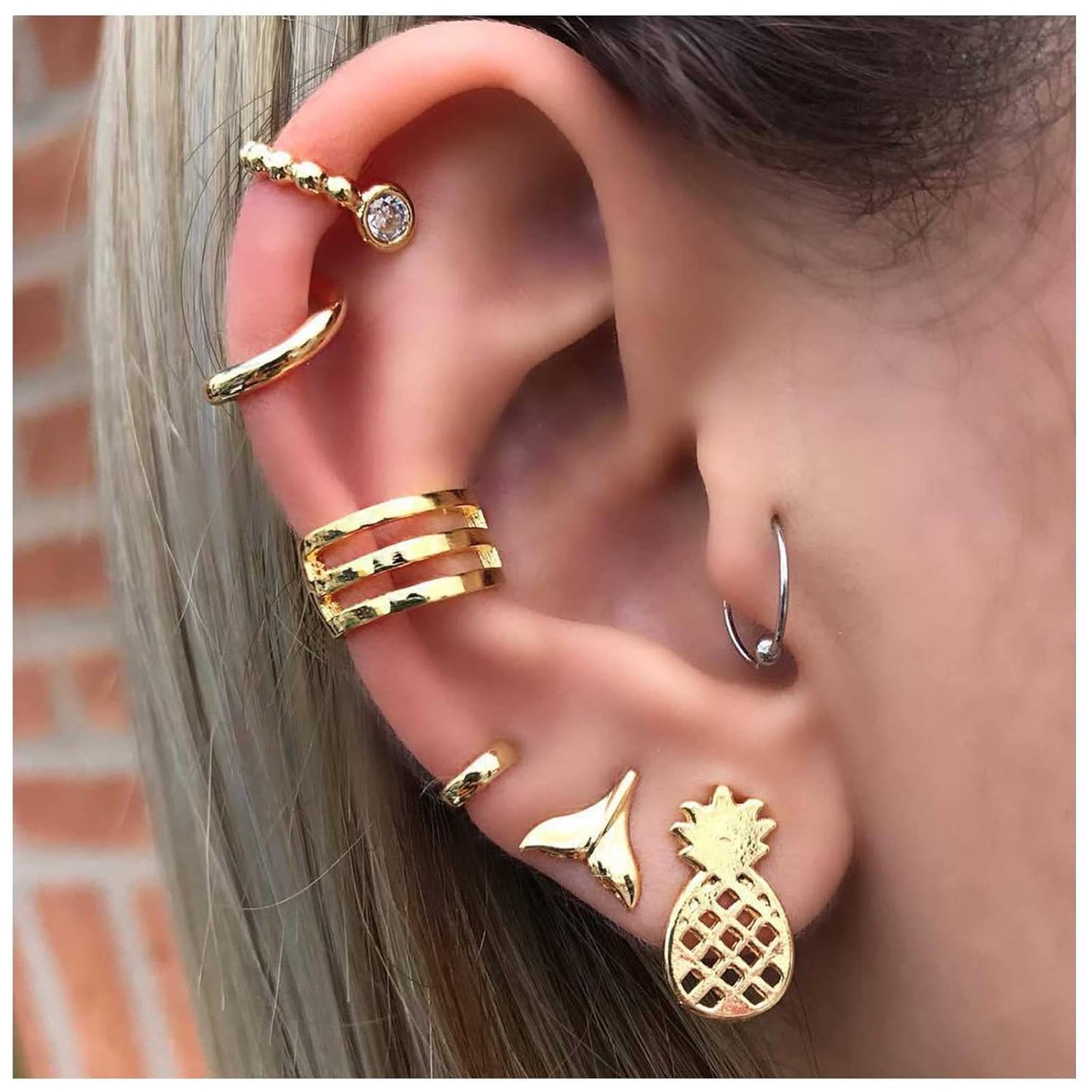 Bohemia Pineapple Mermaid Tail Studs Earrings Gold Wide Cuff Earrings Fake Helix Ear Cuff Earrings Gold Cartilage Clip on Wrap Earrings Non Pierced Multiple Earrings Set Set for Women and Girls