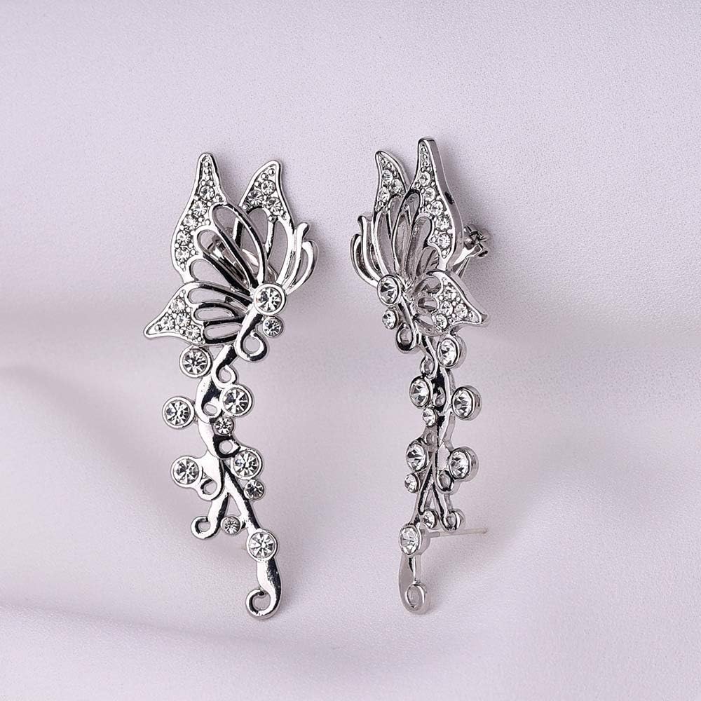 2PCS Ear Cuff Crawler Earrings for Women, Crystal Butterfly Elven Ear Cuffs Hypoallergenic Piercing Ear Cuff Earrings