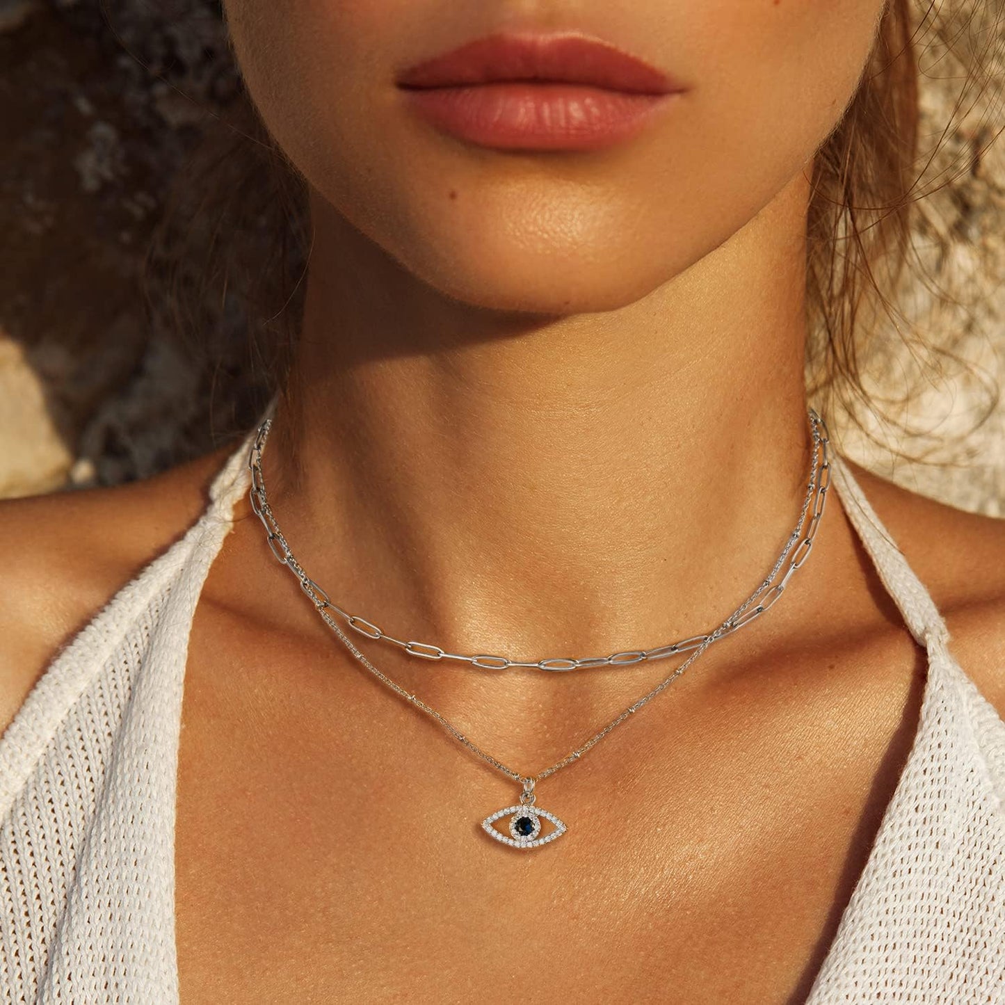 Layered Evil Eye Necklaces for Women 18K Gold Plated Dainty Chocker Necklace Delicate Jewelry Gift for Women Girls（Gold/Silver）