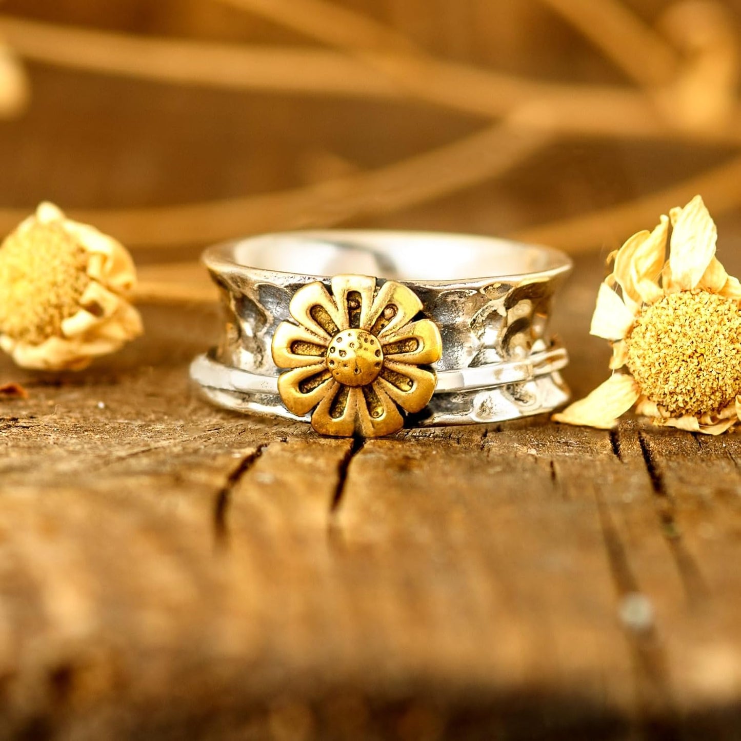 Sunflower Ring, Spinner Rings for Women 925 Sterling Silver and Brass Sunflower | Nature Wide Band Fidget Meditation Anxiety Jewelry