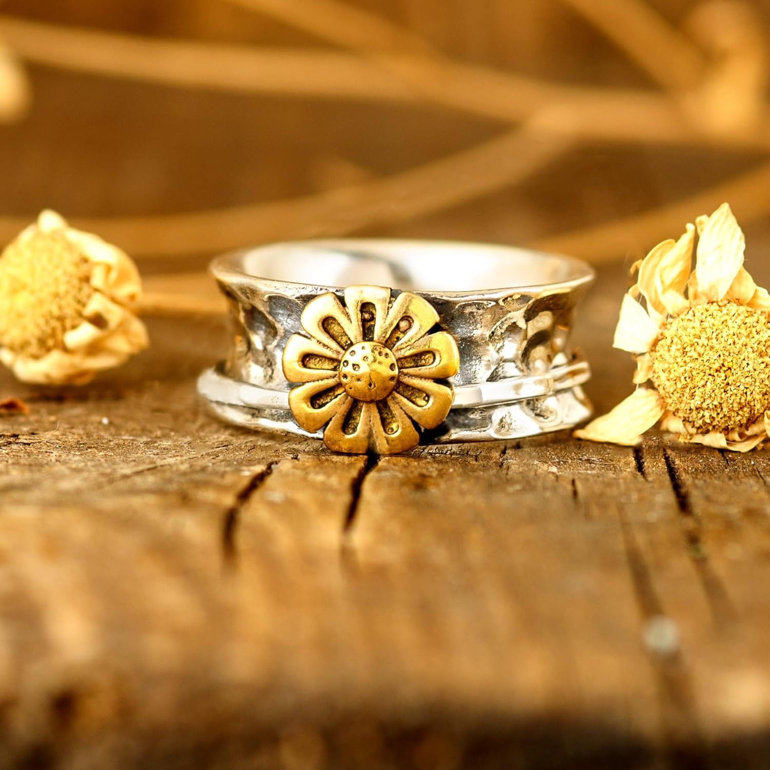 Sunflower Ring, Spinner Rings for Women 925 Sterling Silver and Brass Sunflower | Nature Wide Band Fidget Meditation Anxiety Jewelry