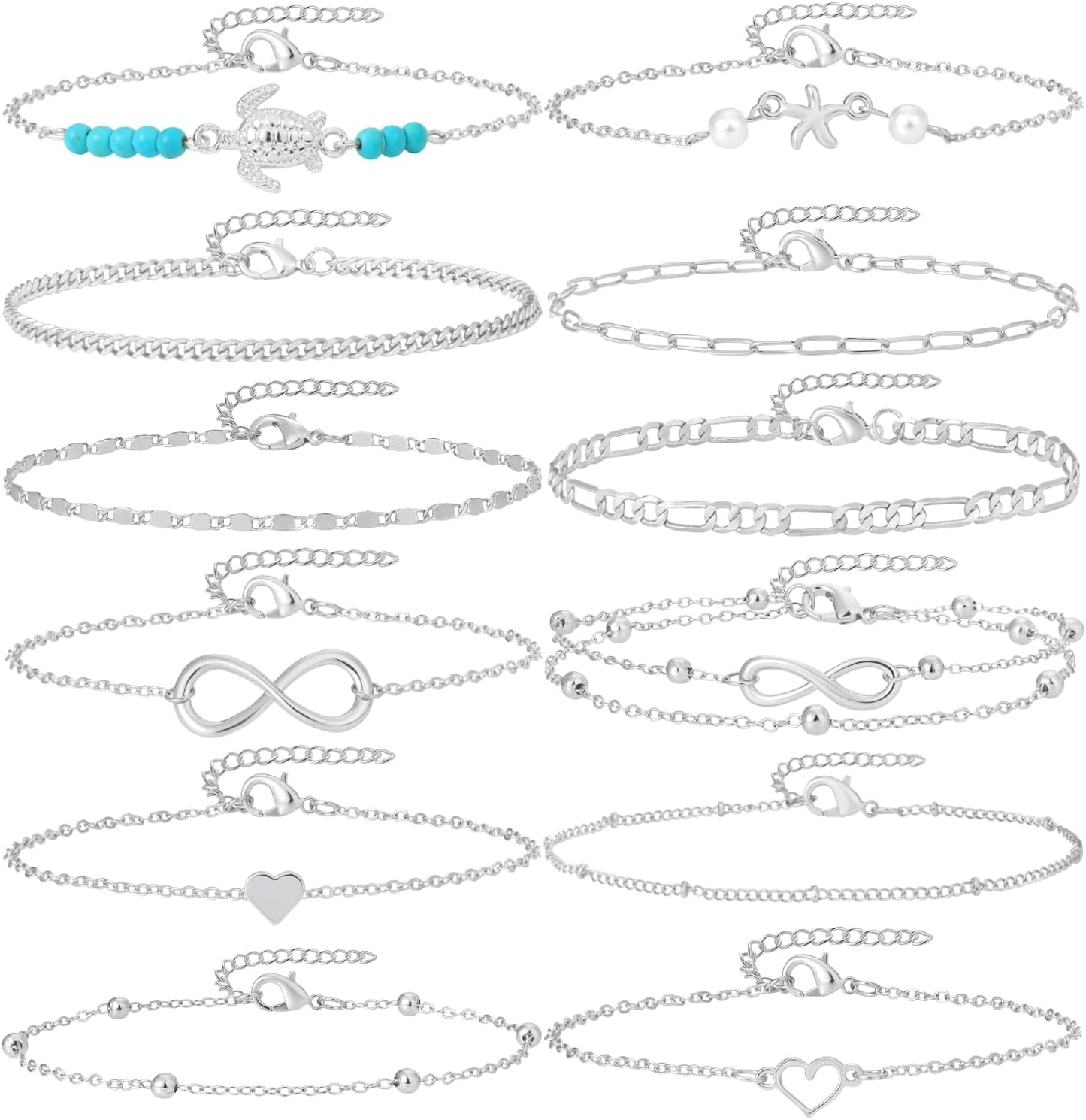 12Pcs Summer Beach Anklets for Women Waterproof Gold Silver Chain Ankle Bracelets Cute Women'S Foot Anklet Set 7.9-10.5 Inch Adjustable