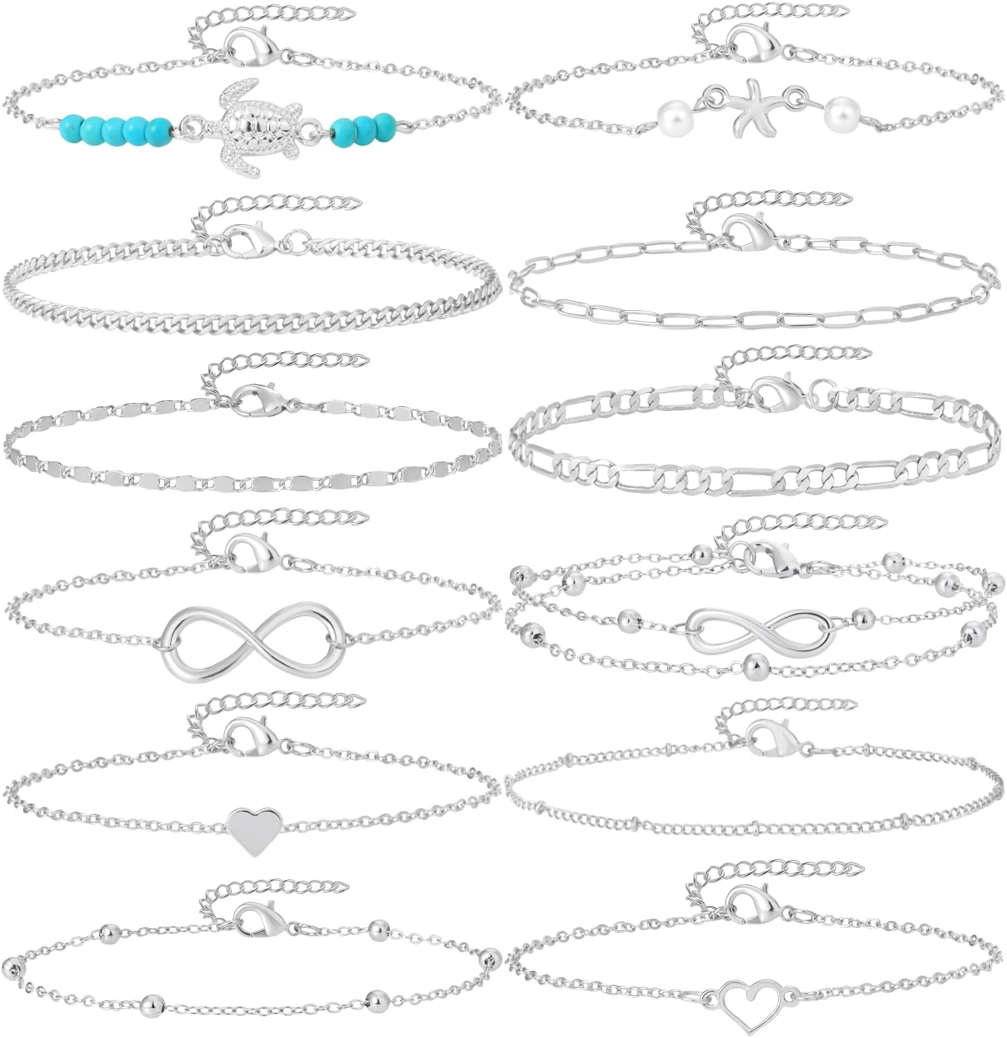 12Pcs Summer Beach Anklets for Women Waterproof Gold Silver Chain Ankle Bracelets Cute Women'S Foot Anklet Set 7.9-10.5 Inch Adjustable