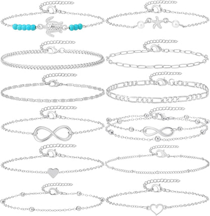 12Pcs Summer Beach Anklets for Women Waterproof Gold Silver Chain Ankle Bracelets Cute Women'S Foot Anklet Set 7.9-10.5 Inch Adjustable