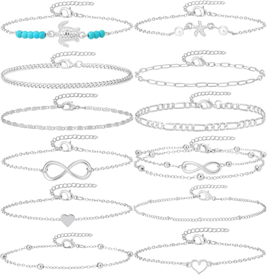 12Pcs Summer Beach Anklets for Women Waterproof Gold Silver Chain Ankle Bracelets Cute Women'S Foot Anklet Set 7.9-10.5 Inch Adjustable