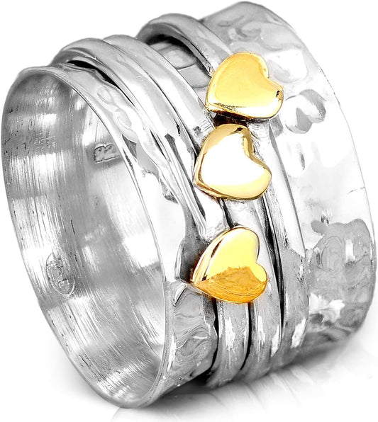 Spinner Ring for Women 925 Sterling Silver with Brass Hearts and Fidget Bands