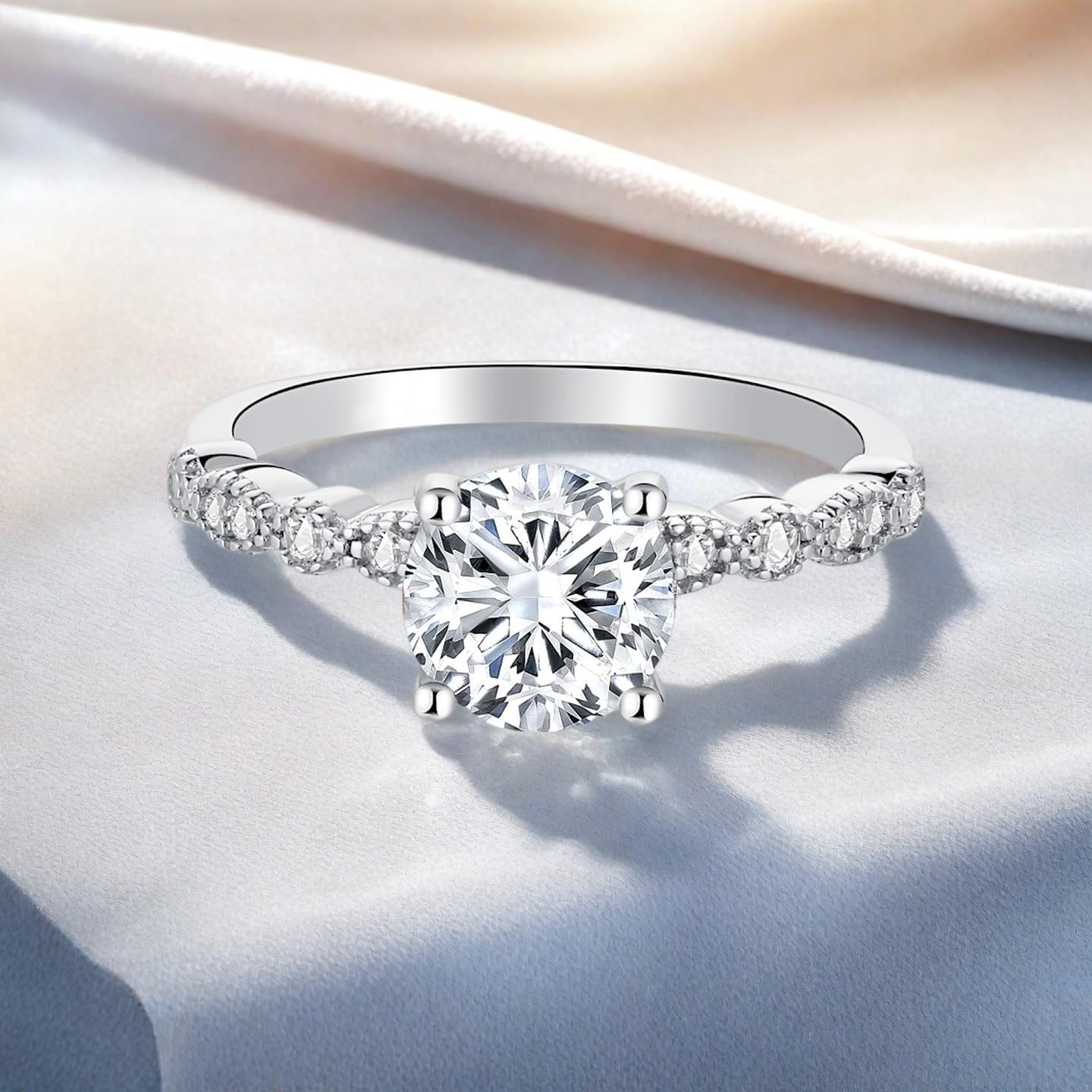 1-1/5 Carat (Ctw) Classic round Engagement Rings for Women Platinum Plated Silver Moissanite Engagement Ring Anniversary Promise Ring