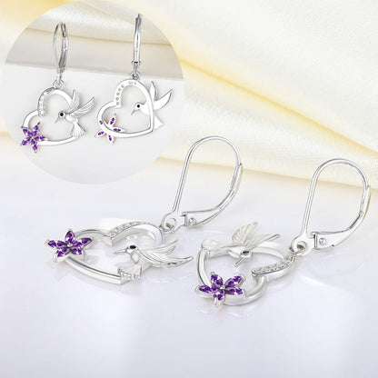 Hummingbird Heart Earrings Sterling Silver Flowers Dangle Drop Earrings Birthstones Leverback Jewelry for Women