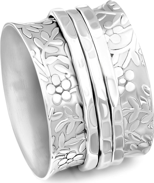 Sterling Silver Spinner Ring for Women – 925 Spinning Ring Band – Wide Band Silver Fidget Rings for Women - for Meditation, Relaxation & Comfort