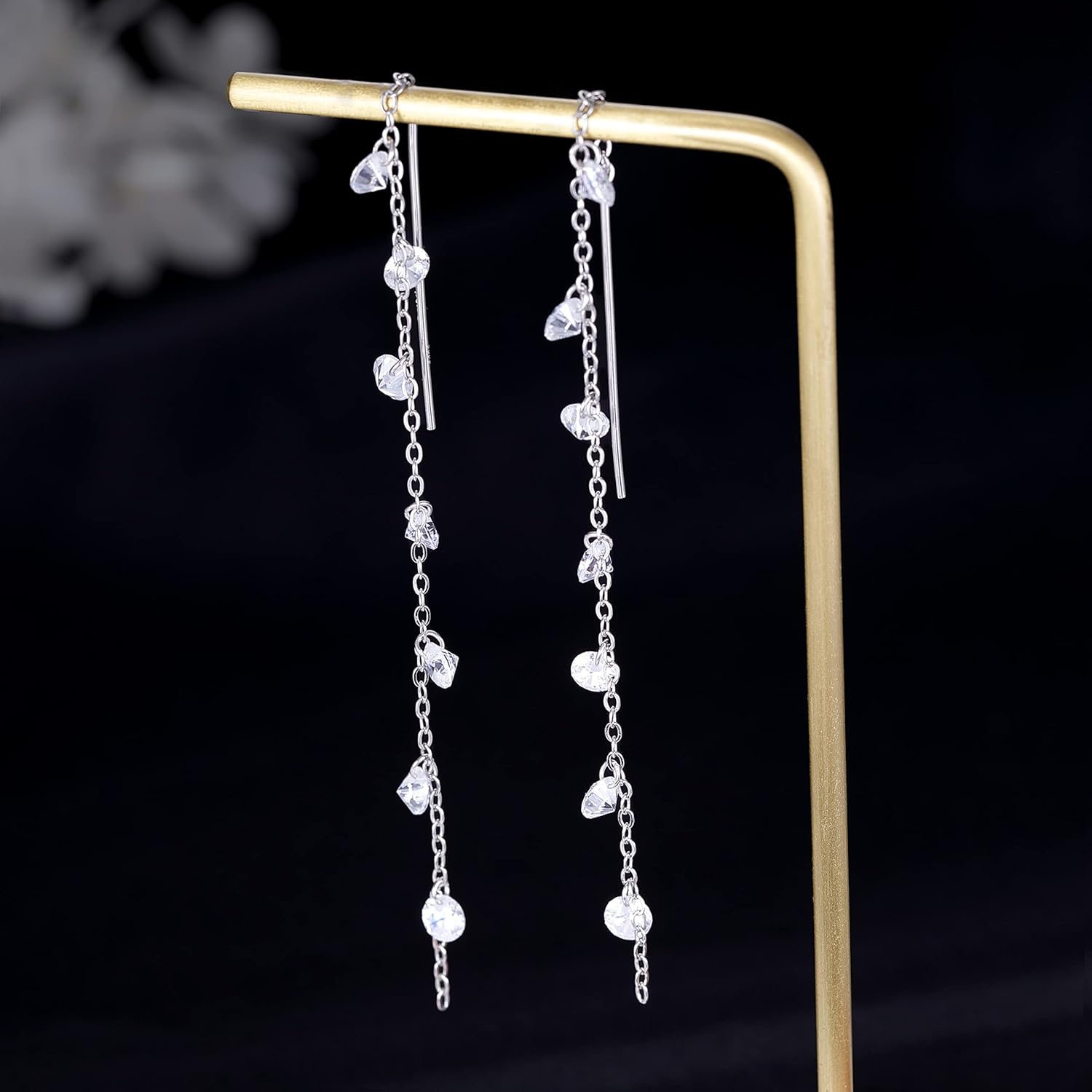925 Sterling Silver Sparkling CZ Droplet Dangle Earrings for Women Teens Elegant Wedding Dangling Earrings Threader Tassel