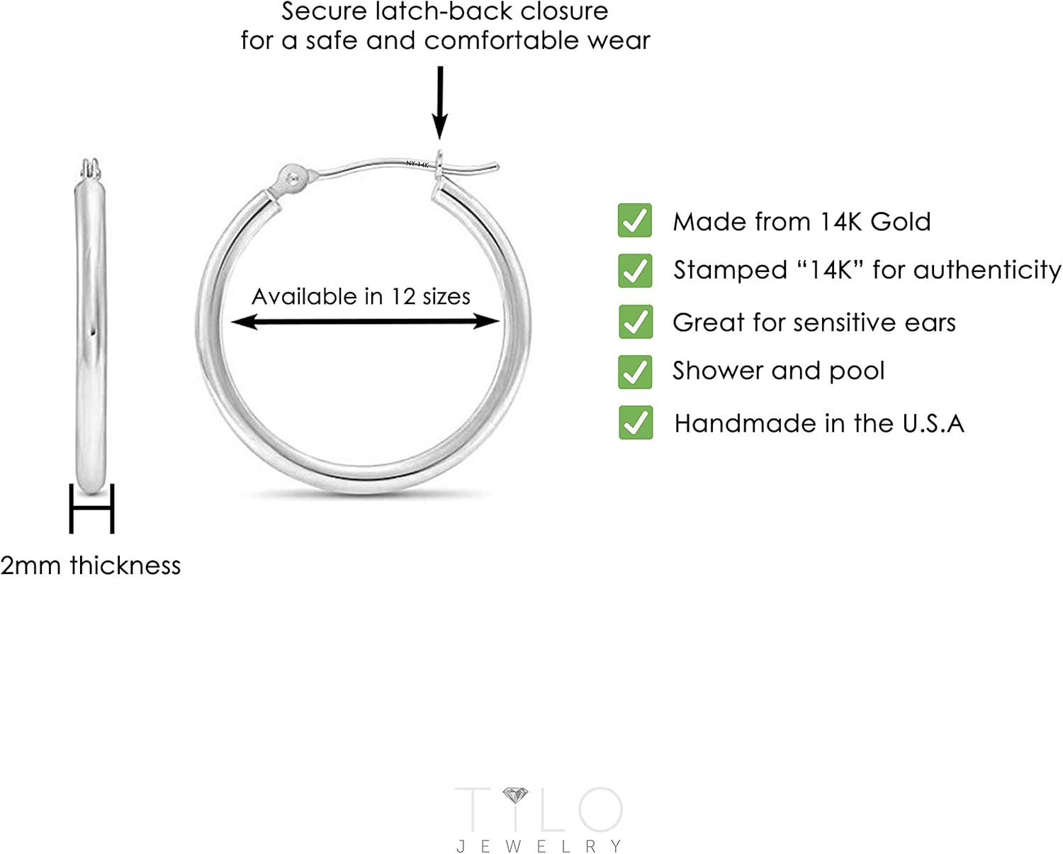 14K White Gold Classic round Hoop Earrings