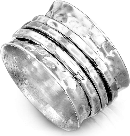 Sterling Silver Fidget Rings for Women – 925 Spinner Ring with 3 Fidget – Hammered Sterling Silver Spinner Ring for Women – for Style, Relaxation & Focus