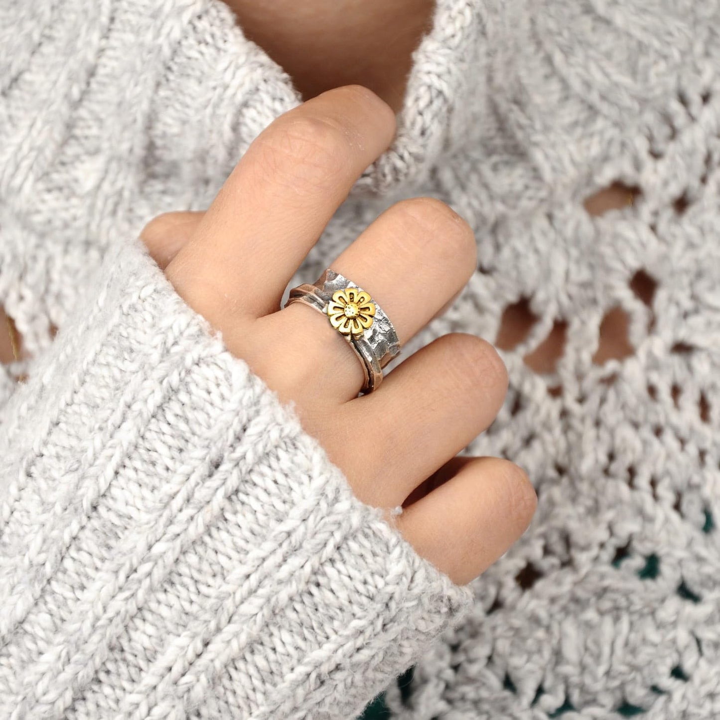 Sunflower Ring, Spinner Rings for Women 925 Sterling Silver and Brass Sunflower | Nature Wide Band Fidget Meditation Anxiety Jewelry