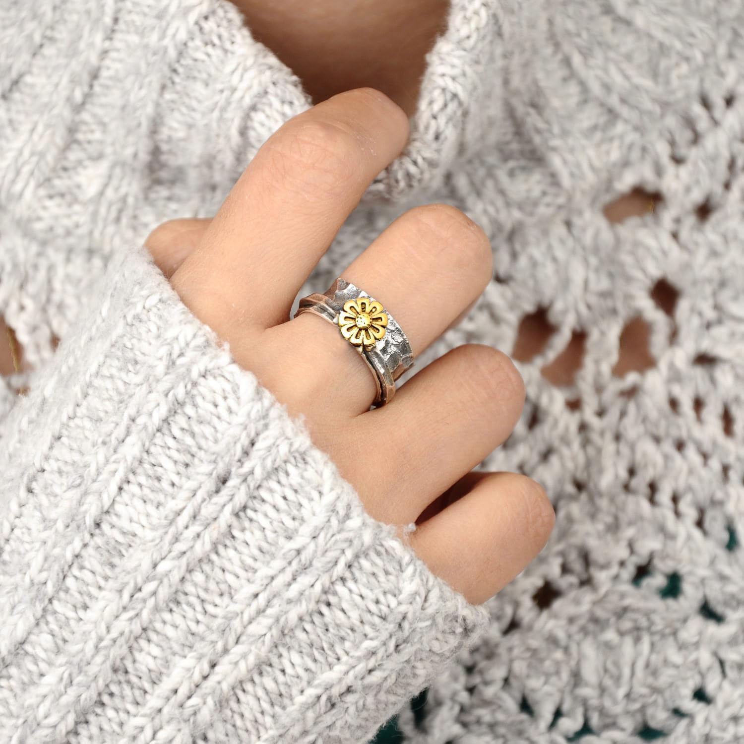 Sunflower Ring, Spinner Rings for Women 925 Sterling Silver and Brass Sunflower | Nature Wide Band Fidget Meditation Anxiety Jewelry