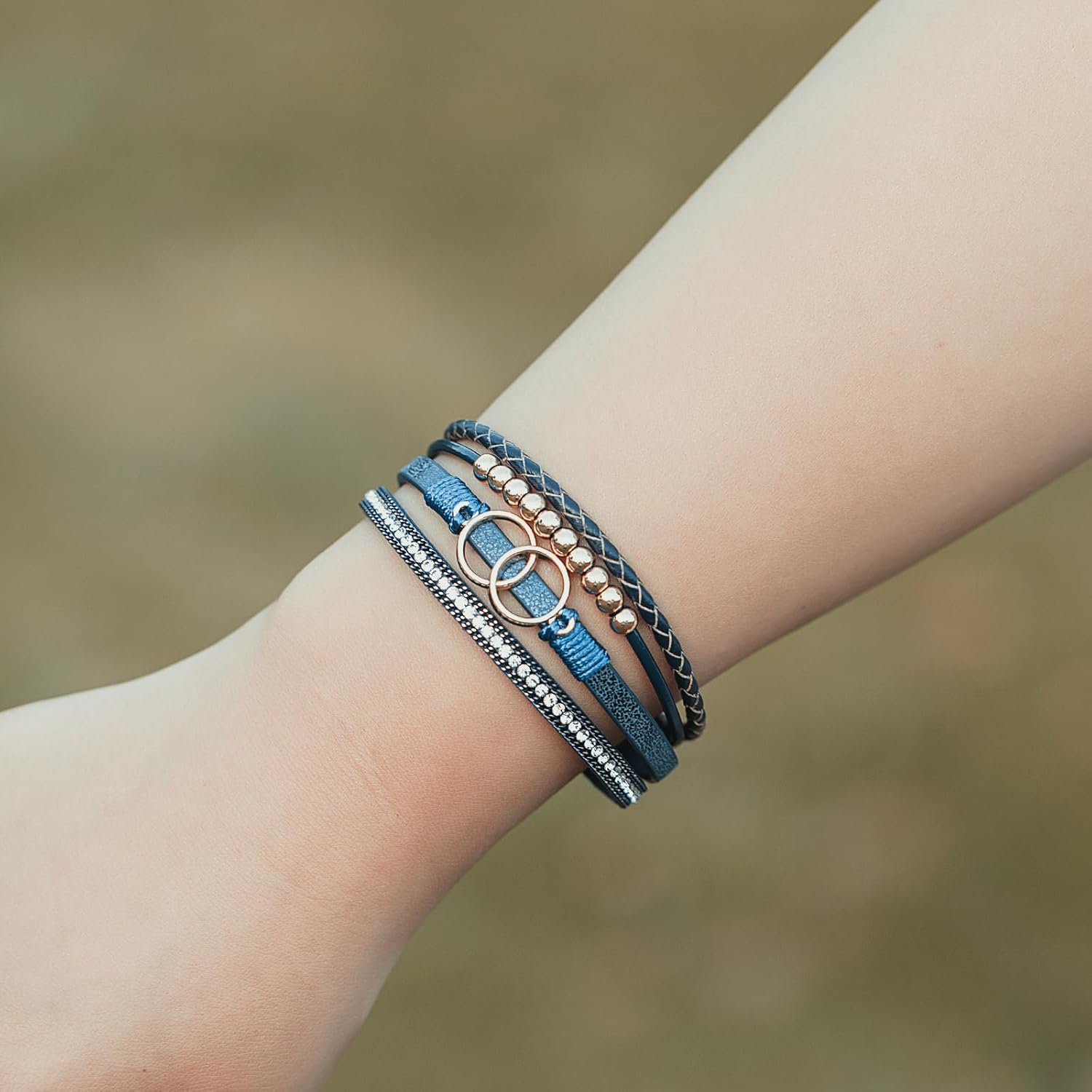 Boho Wrap Bracelets Leather Cuff Bangle Gold Beaded Bracelets for Women Stackable Infinity Bracelets Jewelry Gift Mom with Magnetic Clasp
