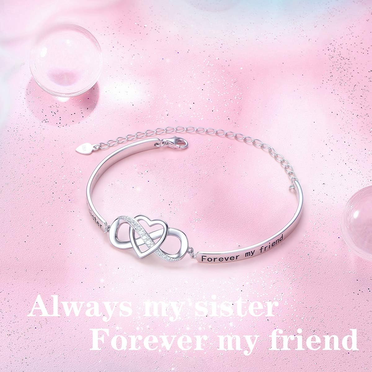 Mothers Day Gifts 925 Sterling Silver Infinity Love Heart Bracelet with Inspirational Message for Mother Daughter Sister Wife, Adjustable Length Bangle Bracelets Friendship Jewelry for Women Girls