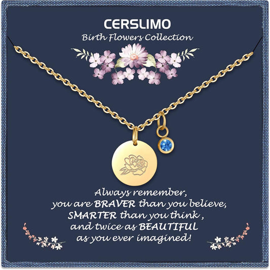Birthday Gifts for Her Birth Flower Necklaces, 18K Gold Plated Dainty Birth Month Floral Birthstone Disc Coin Pendant Necklaces | Women Wildflower Jewelry Gifts for Valentines Anniversary