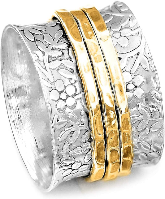 925 Sterling Silver Spinner Flowers Ring for Women with 3 Brass Fidget Rings Wide Band