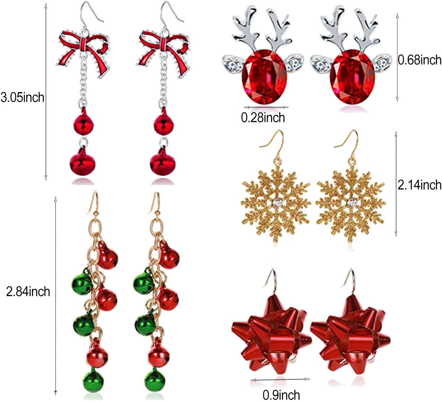 Christmas Earrings Set for Women Holiday Earrings Christmas Tree Jingle Bell Bow Earrings Snowflake Candy Cane Dangle Earrings Jewelry Costume Outfit Accessories