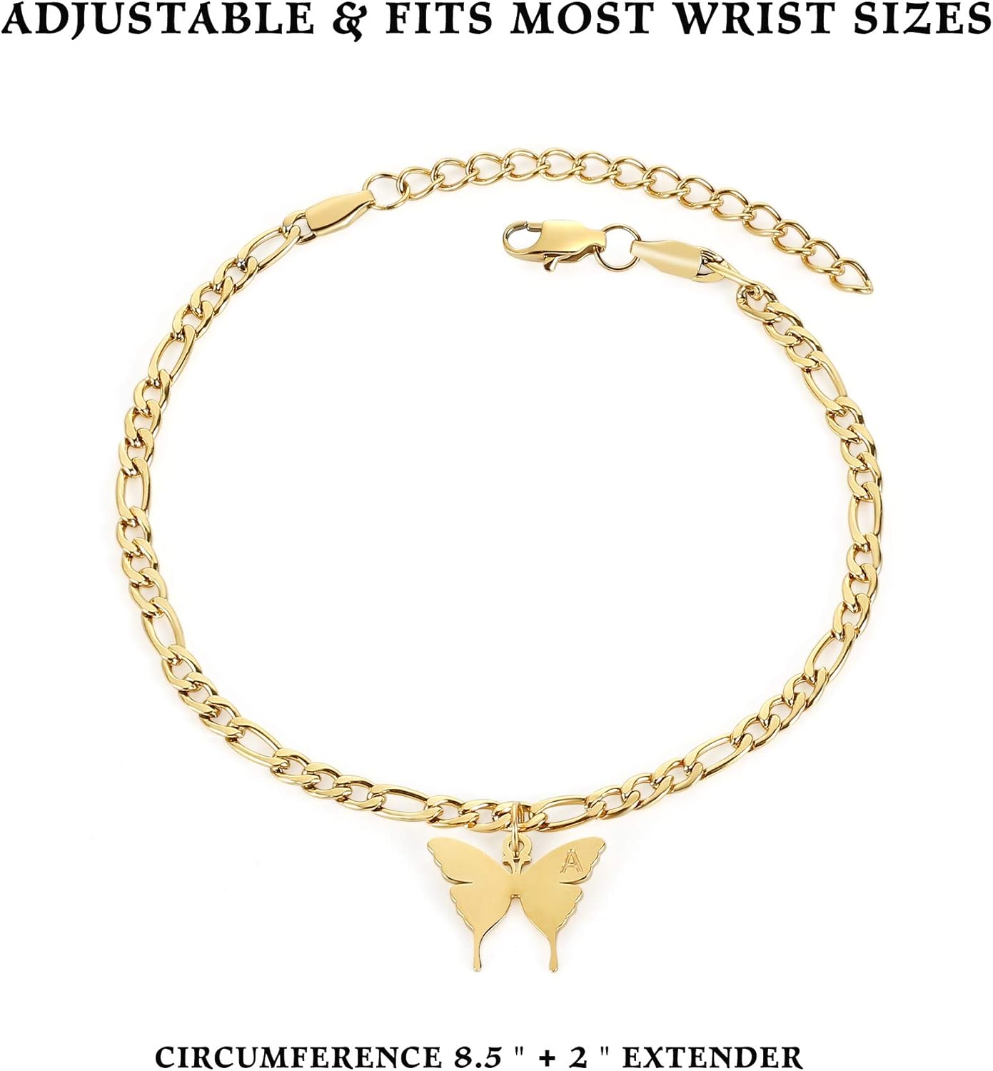 Ankle Bracelets for Women - Initial Butterfly Anklet for Women Stainless Steel Figaro Chain Summer Beach Waterproof Foot Jewelry Gifts, Gold/Silver