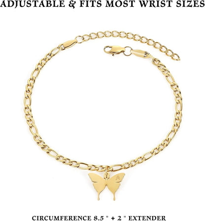 Ankle Bracelets for Women - Initial Butterfly Anklet for Women Stainless Steel Figaro Chain Summer Beach Waterproof Foot Jewelry Gifts, Gold/Silver