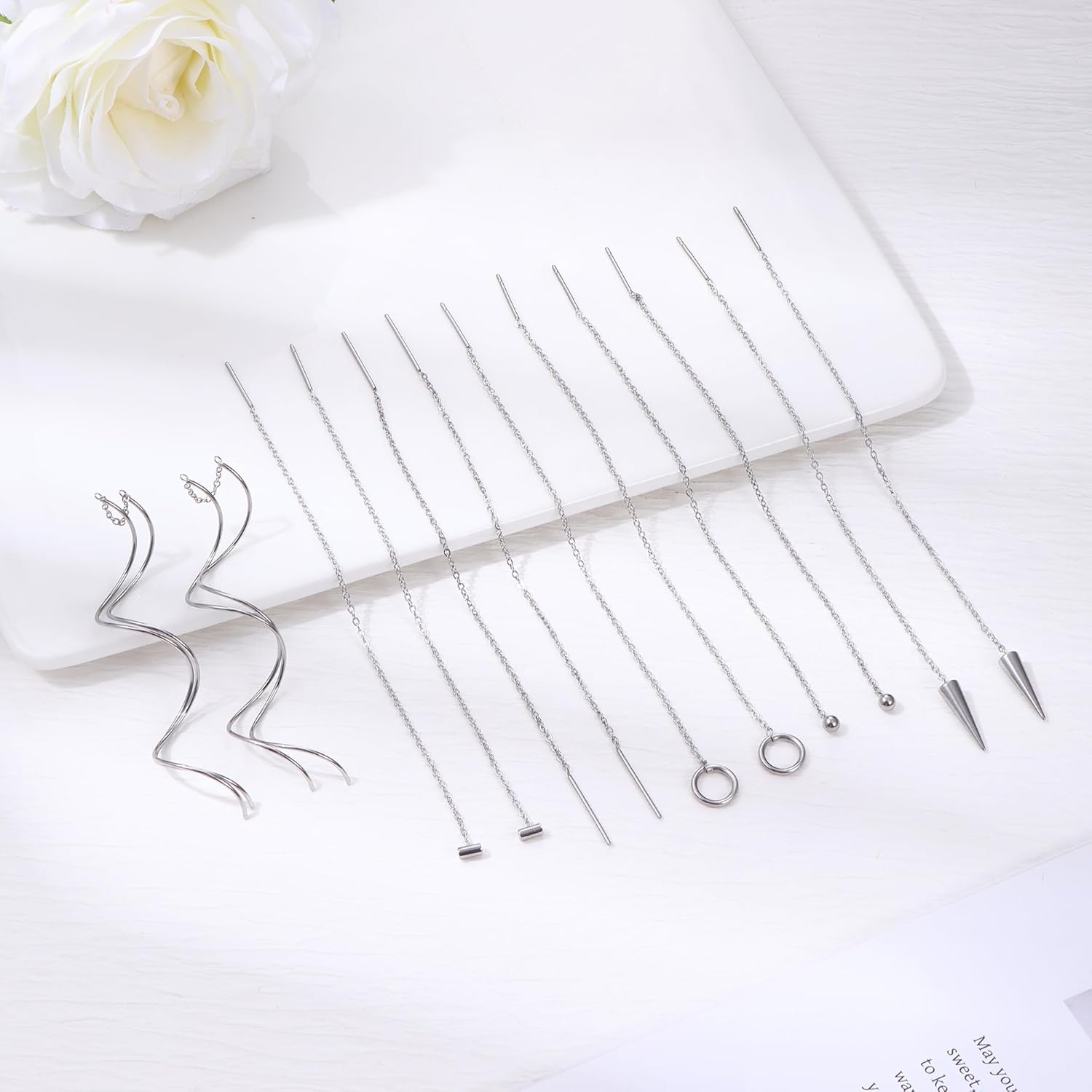 6 Pairs Stainless Steel Chain Tassel Earrings for Women Lightweight Wave Threader Ball Dangle Drop Minimalist Chain Earrings Set