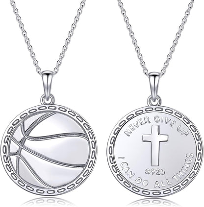 925 Sterling Silver Inspirational Cross Basketball Pendant Necklace