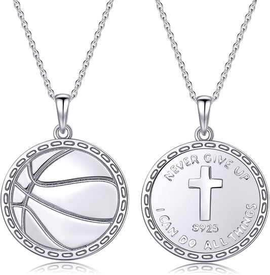 925 Sterling Silver Inspirational Cross Basketball Pendant Necklace