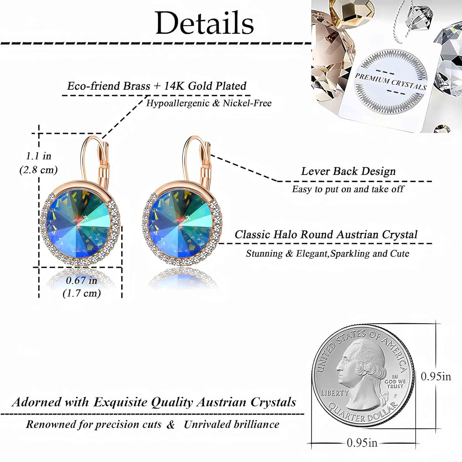 Round Austrian Crystal Halo Drop Leverback Earrings for Women 14K Gold Plated Hypoallergenic Earrings