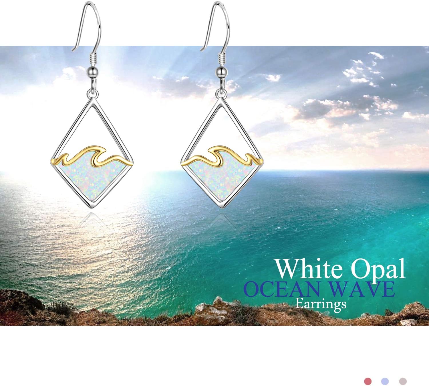 Sterling Silver Ocean Wave Earrings Created Opal Dangle Drop Earring Ocean Jewelry Beach Gifts for Women