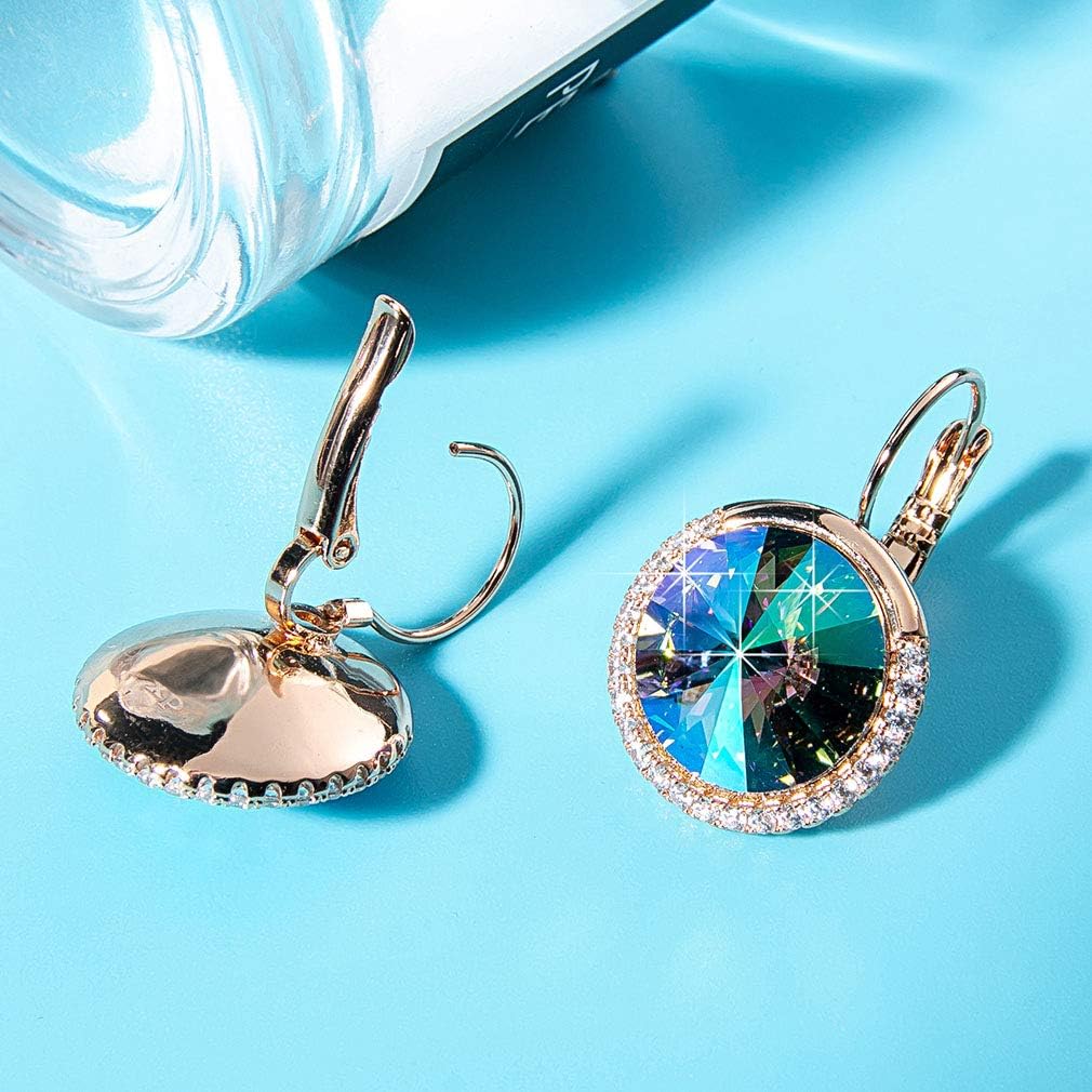 Round Austrian Crystal Halo Drop Leverback Earrings for Women 14K Gold Plated Hypoallergenic Earrings