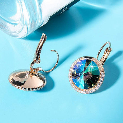 Round Austrian Crystal Halo Drop Leverback Earrings for Women 14K Gold Plated Hypoallergenic Earrings