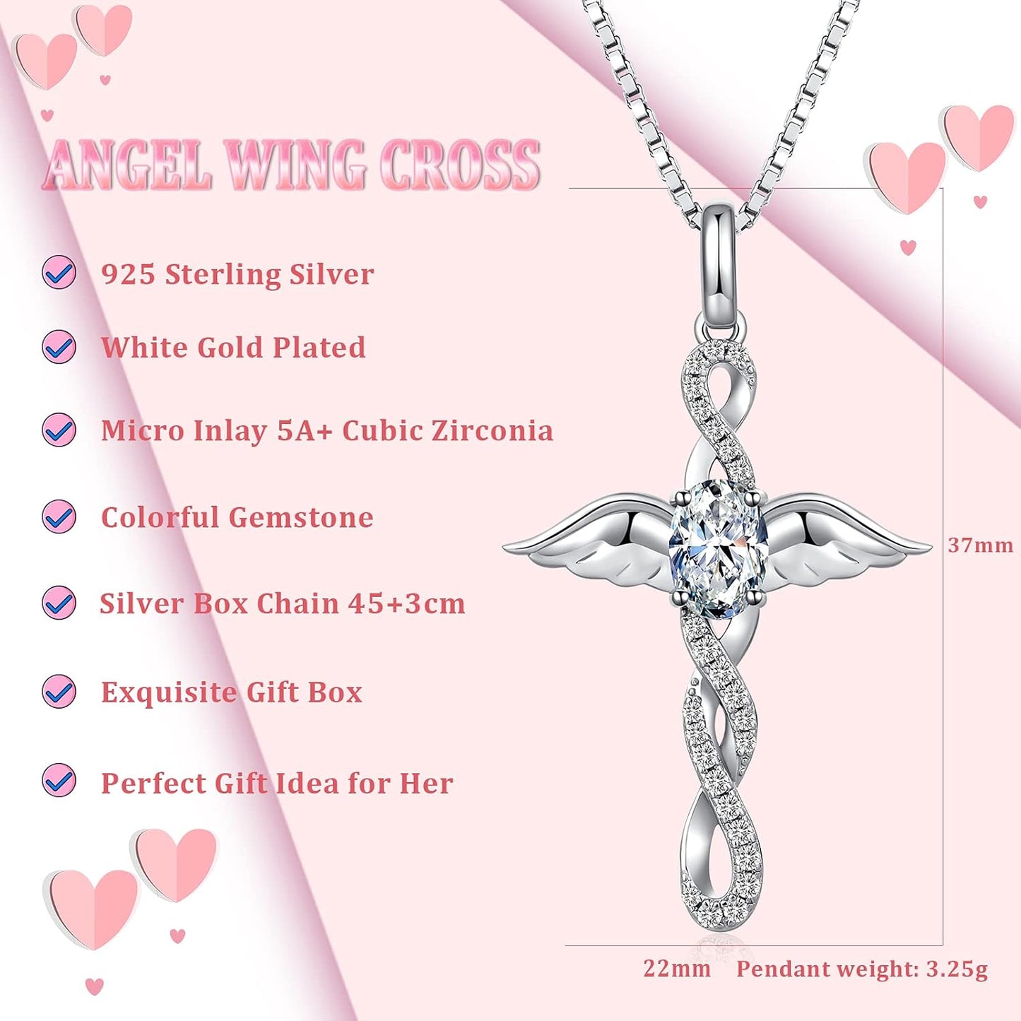18K White Gold Plated Angel Wing Cross Necklace for Women 925 Sterling Silver Infinity Cross Pendant with Birthstone, Cross Jewelry Gift for Women with Gift Box