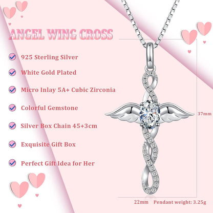 18K White Gold Plated Angel Wing Cross Necklace for Women 925 Sterling Silver Infinity Cross Pendant with Birthstone, Cross Jewelry Gift for Women with Gift Box