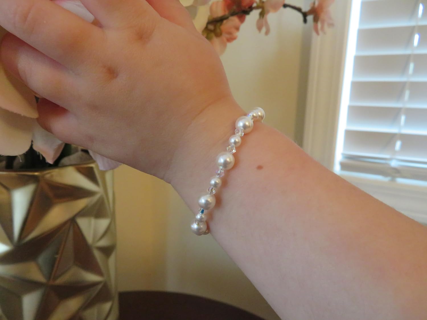 Pearl Bracelets for Girls, Sterling Silver Cross Charm, Baptism Gifts for Girl, Baby Bracelet with Simulated White Pearls and Crystals, Girls Jewelry Birthday Gift