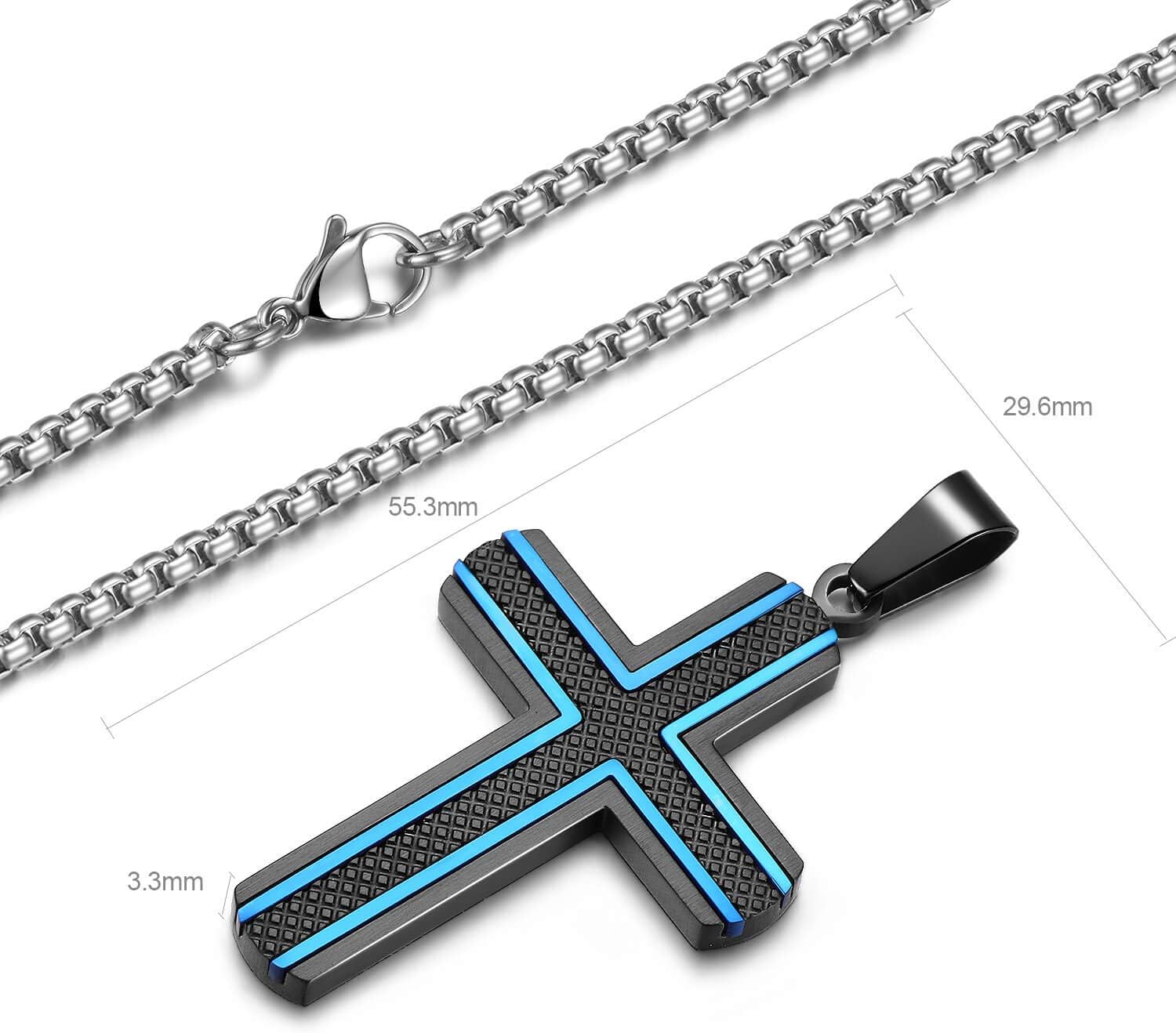 Men'S Stainless Steel Cross Necklace,Two-Tone Black & Blue Carbon Fiber Pendant - Included Gift Box
