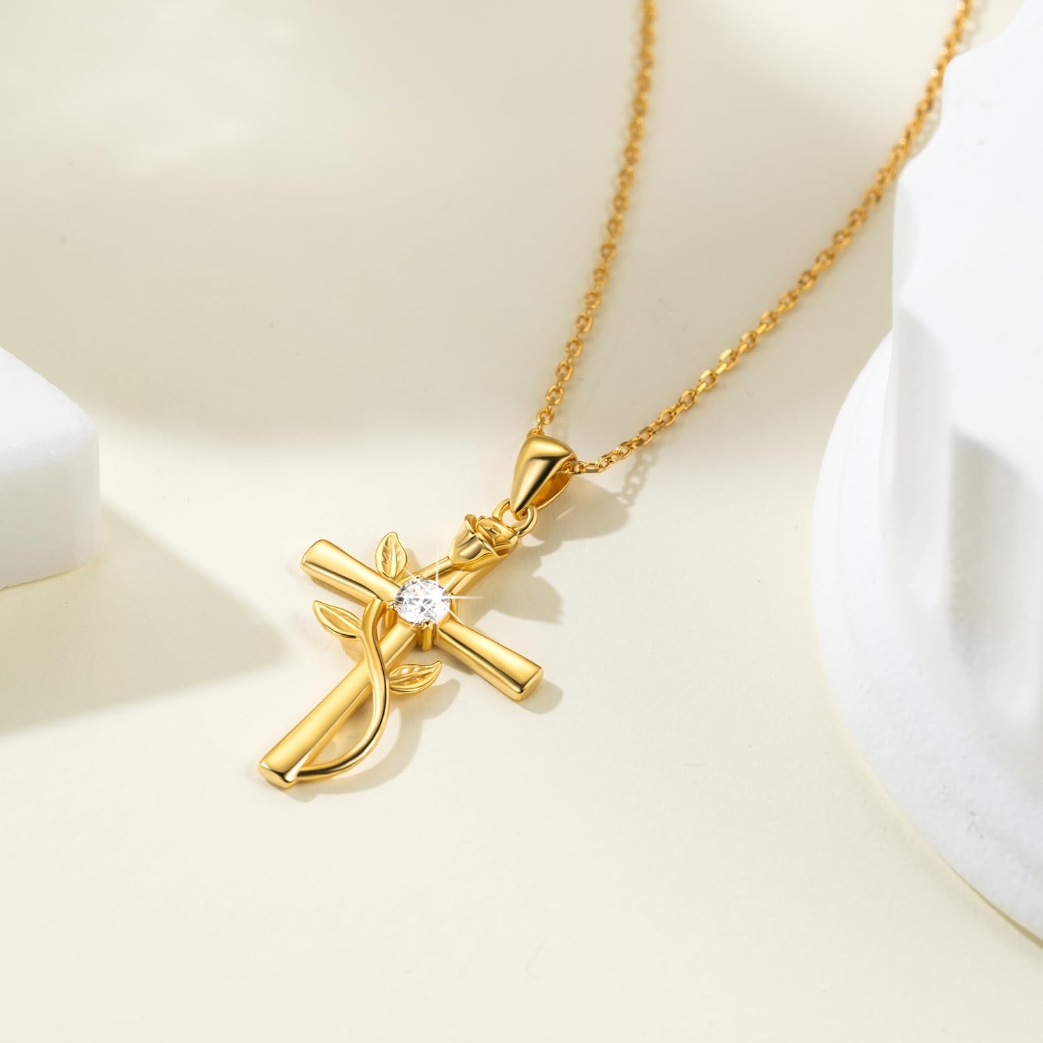 Cross Necklace for Women Sterling Silver Cross Necklaces Pendant White/Rose/Gold Plated Cubic Zirconia Flower Necklace Gifts for Women